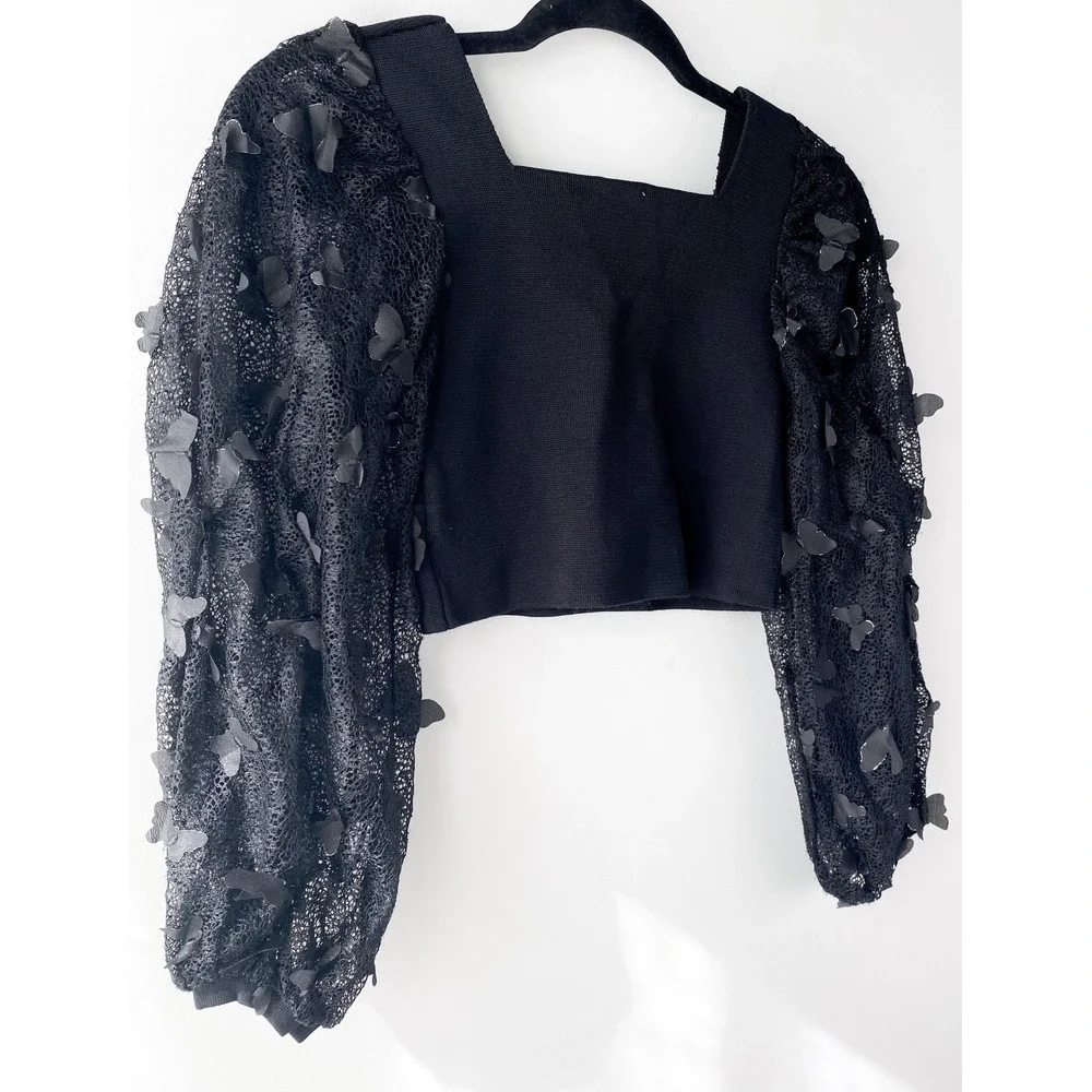 Free‎ People Womens Top XS Black Butterfly Crop Sheer Fairy Whimsigoth